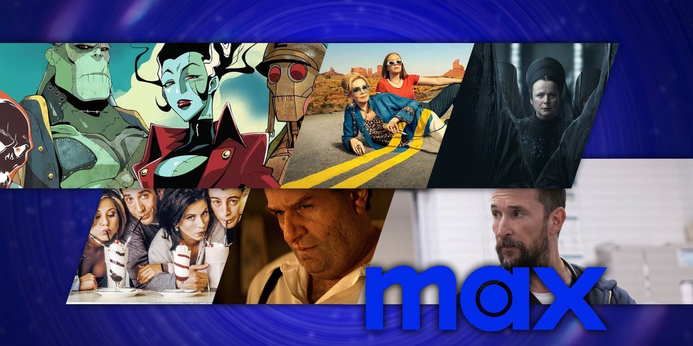 Collage of Creature Commandos, Hacks, Dune Prophecy, Friends, The Penguin and the Leftovers with the Max logo included