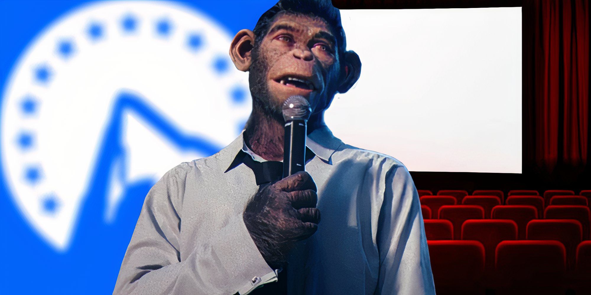 Robbie Williams as a monkey in Better Man (2025) between a blurred logo for Paramount and an image of a cinema screen