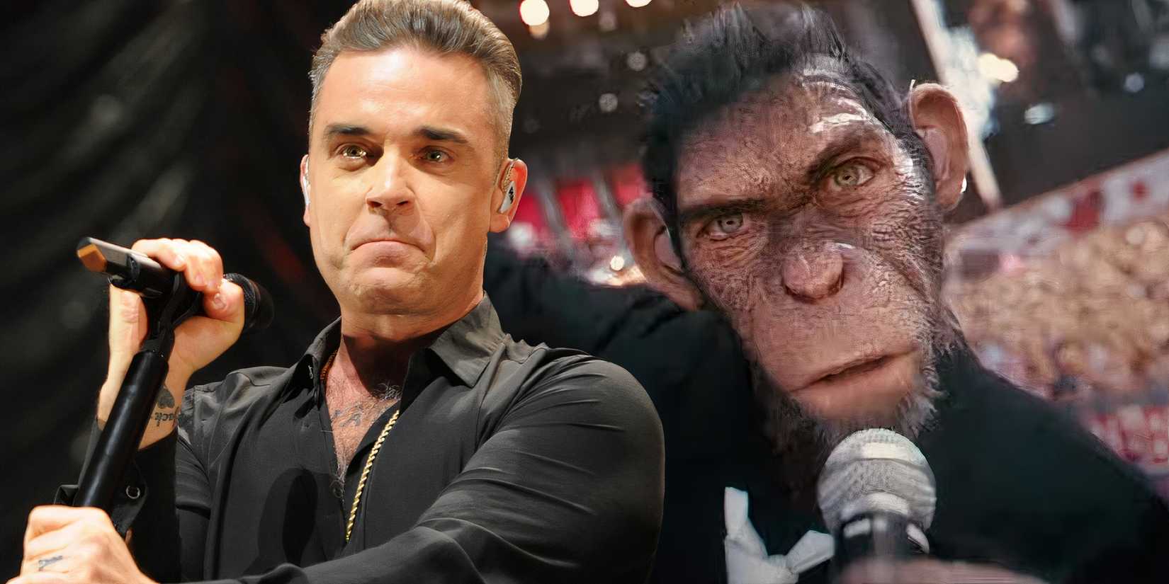 The ape from Better Man (2025) performing next to Robbie Williams with a microphone in his hand