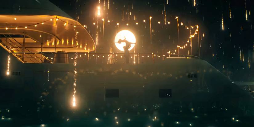 A dance on a yacht in front of the moon and fireworks in Better Man (2025)