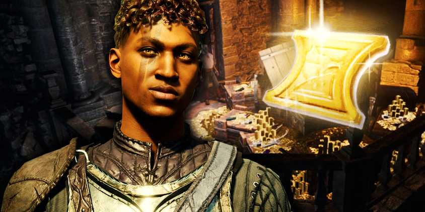 Character from Baldur's Gate with a Gold pile