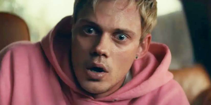 Bill Skarsgard looking shocked in Locked