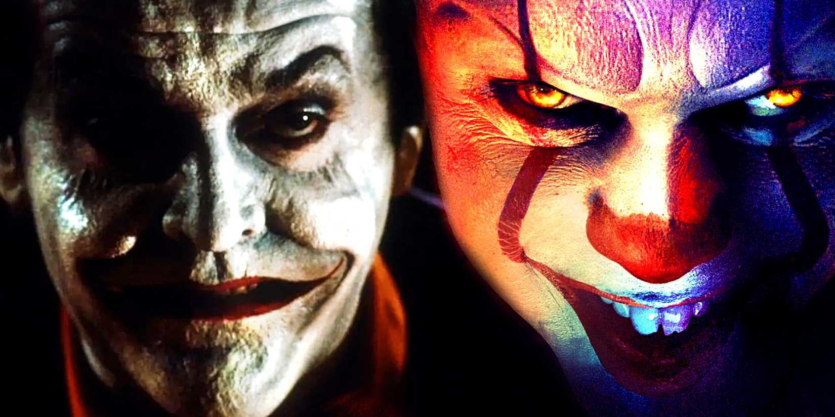 Bill Skarsgard's Pennwyise smiles in It Chapter One and Jack Nicholson's Joker looks up in Batman 1989