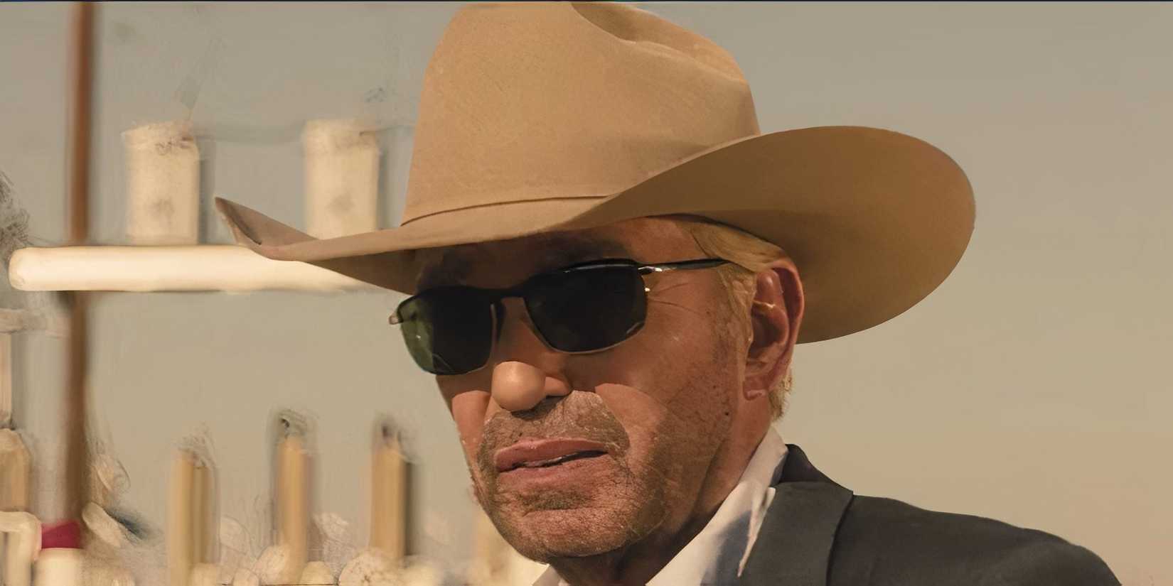 Billy Bob Thornton as Tommy wearing a cowboy hat and sunglasses in Ladman season 1 episode 10