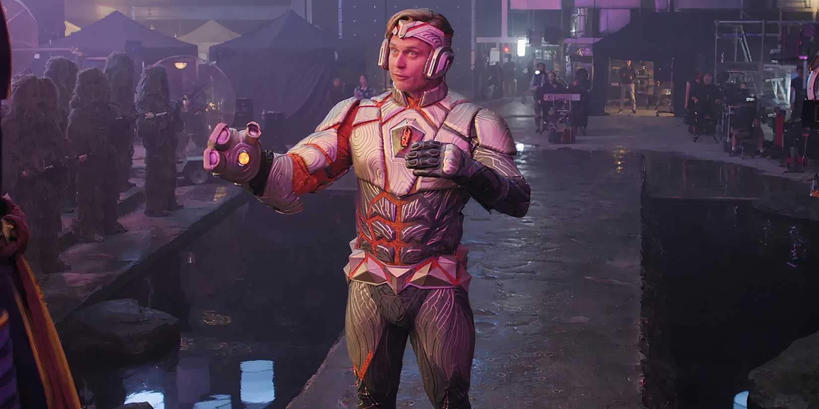 Billy Magnussen's Adam in his superhero suit on set in The Franchise