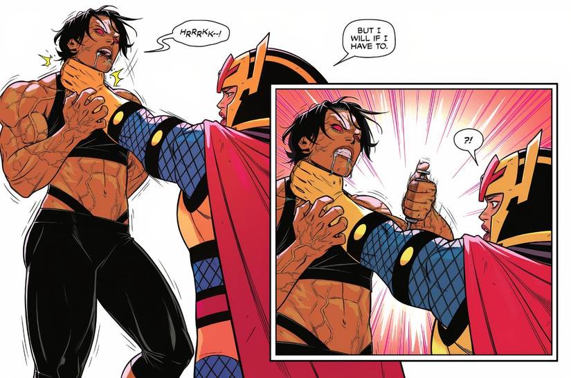 Birds of Prey 17 Cassandra Cain attempts to inject Big Barda with a green serum by sticking a needle in her arm