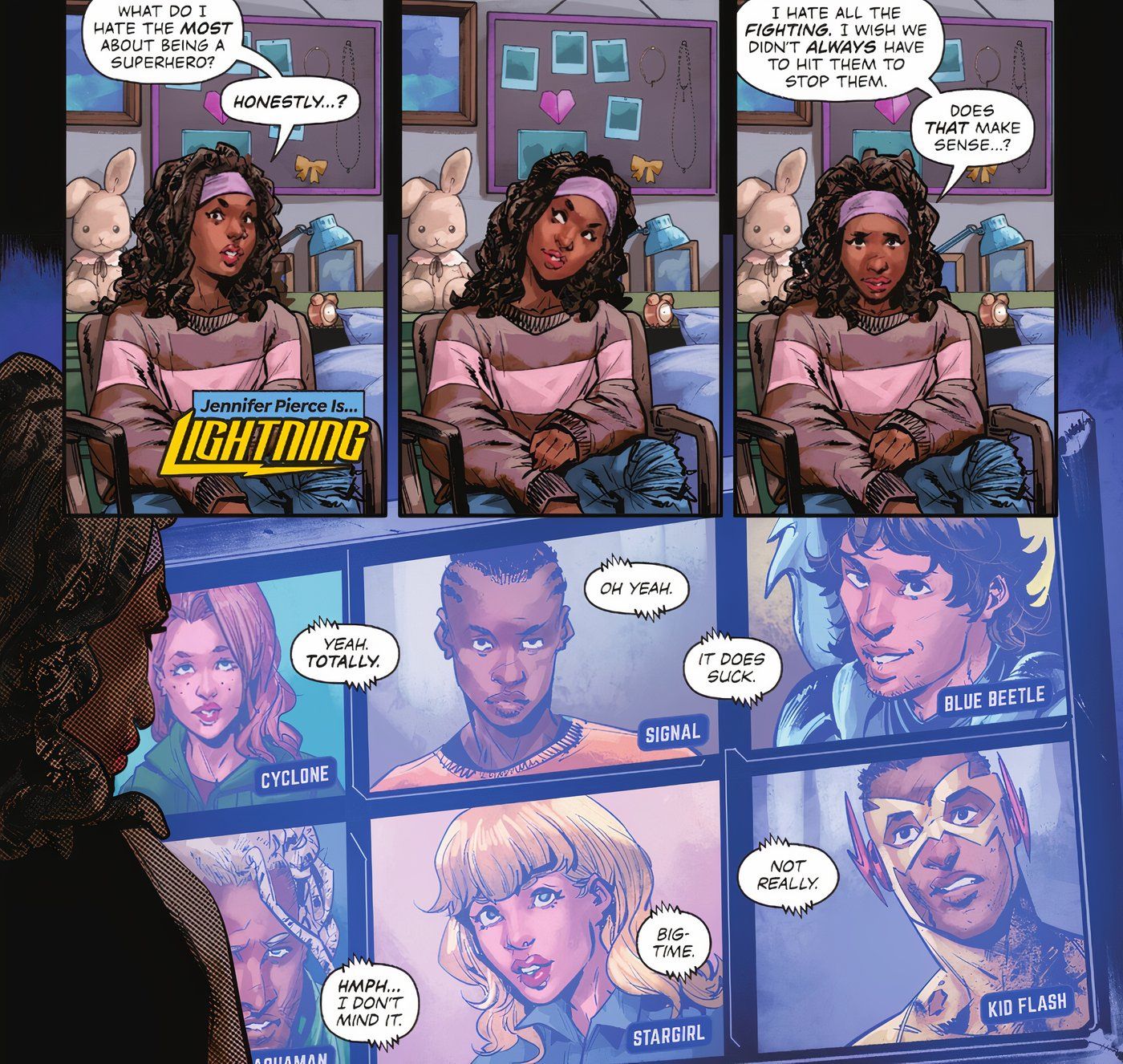 Black Lightning 3 Jennifer reaches out to a group of teen heroes to discuss their feelings on fighting