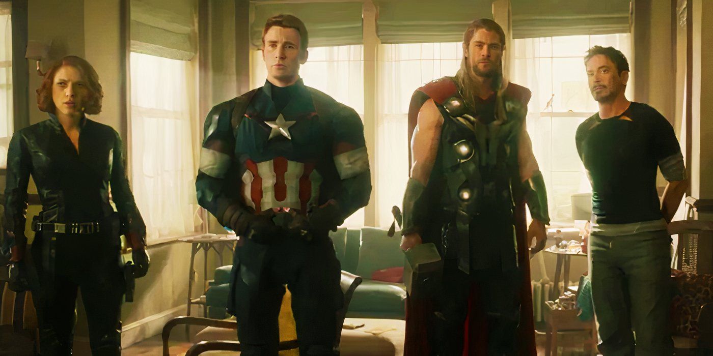 Vedova Nera, Capitan America, Thor e Iron Man a casa di Occhio di Falco in Avengers: Age of Ultron.