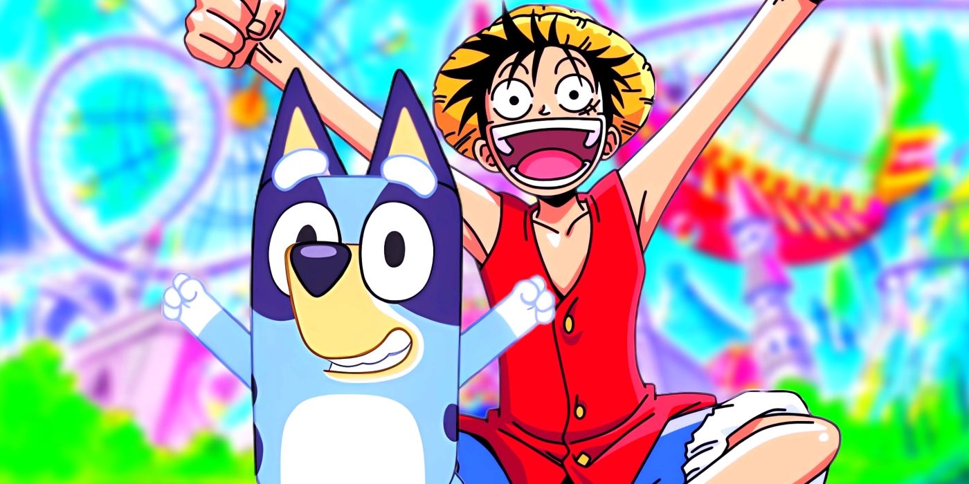Bluey and Luffy sitting together with their arms up. Behind them, the entrance to Sabaody Park can be seen.
