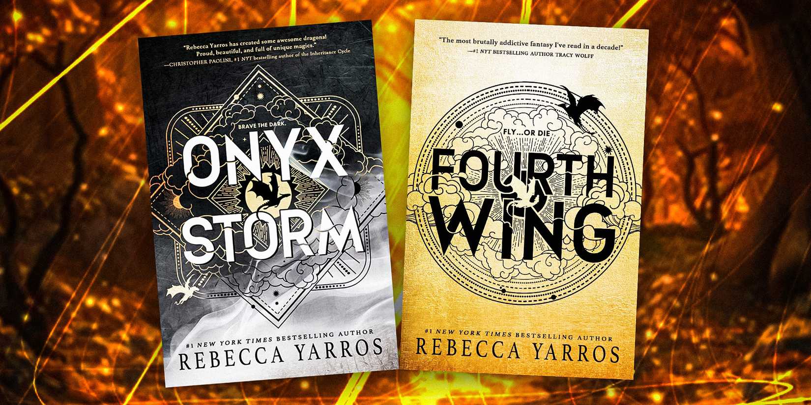 The covers of Onyx Storm and Fourth Wing by Rebecca Yarros with a fiery background