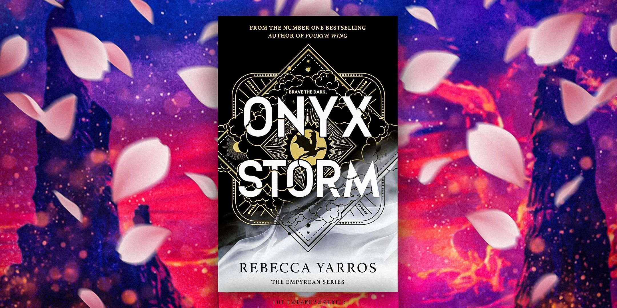 The cover of Onyx Storm by Rebecca Yarros and a pink and blue sky with pink petals floating