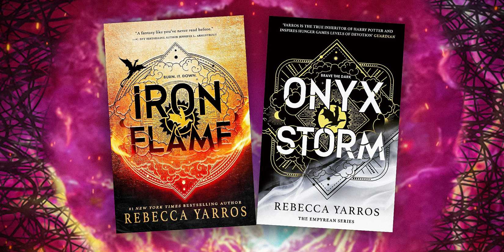 Iron Flame and Onyx Storm by Rebecca Yarros with a purple background