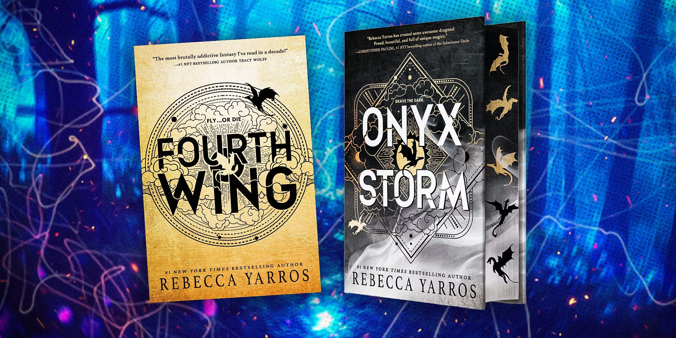 Fourth Wing and Onyx Storm by Rebecca Yarros with a blue background