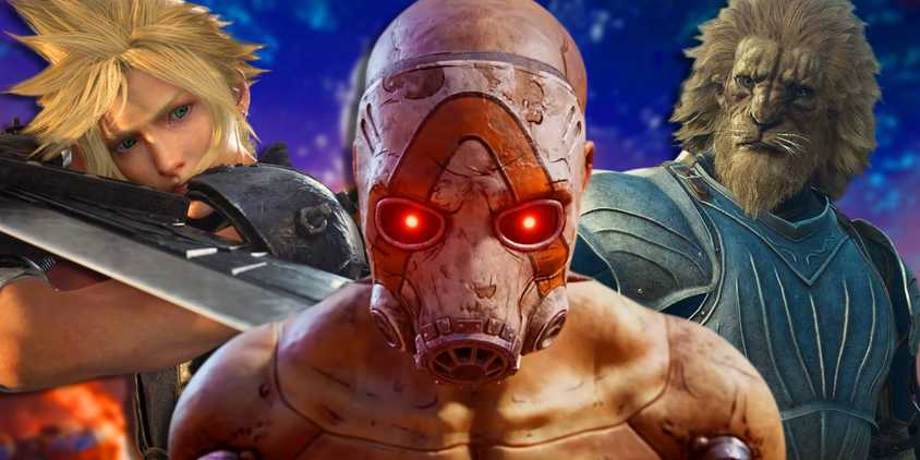 A psycho from Borderlands 4 with Cloud from FF7 Rebirth and a character from Dragon's Dogma 2 behind it.