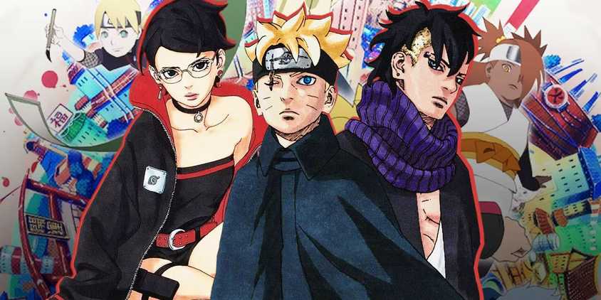 A collage of Boruto, Sarada, Kawaki and othes from the Next Gen