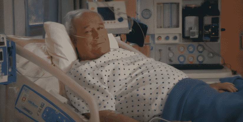 Brett Rice as Robert Armstrong in a hospital bend with a breathing tube in Insatiable