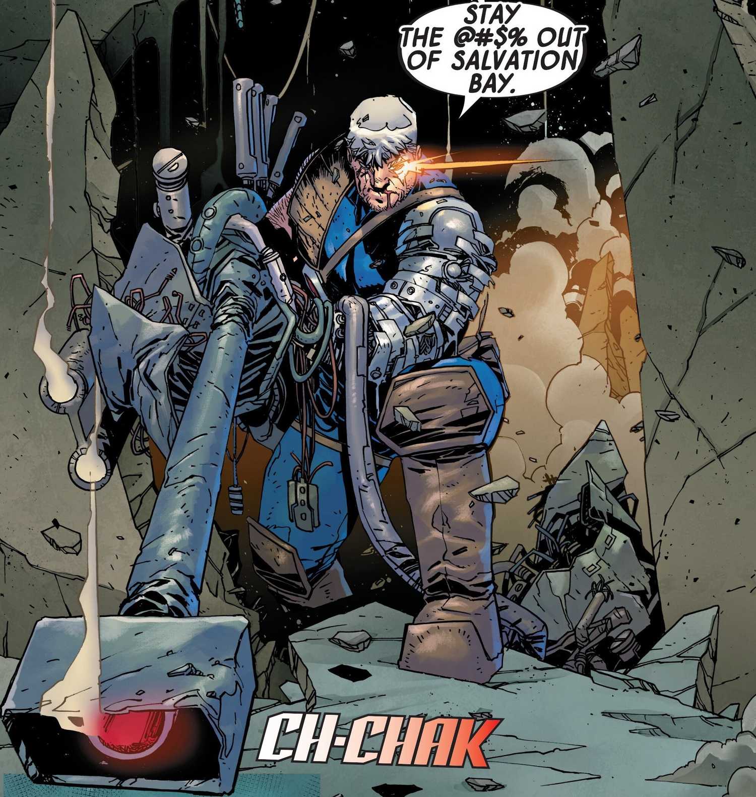 Cable uses a tank's laser rifle like a sniper rifle.