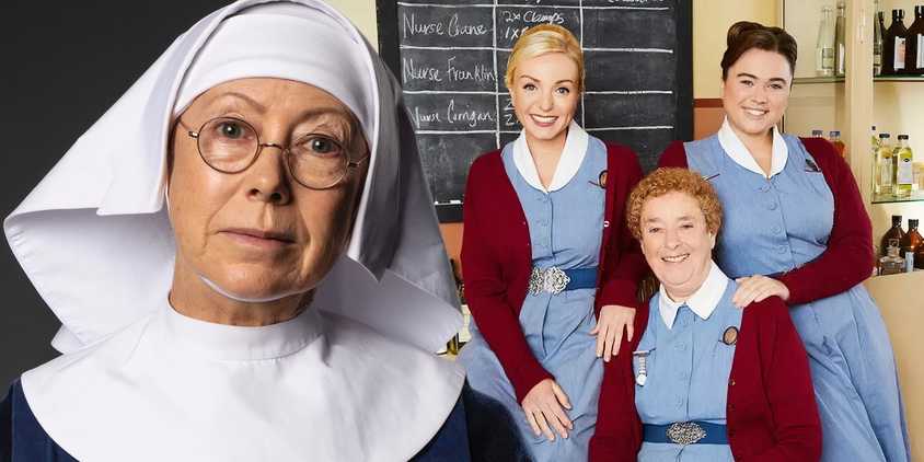 A composite image of Sister Julienne looking at the camera in front of three nurses posing together in Call the Midwife