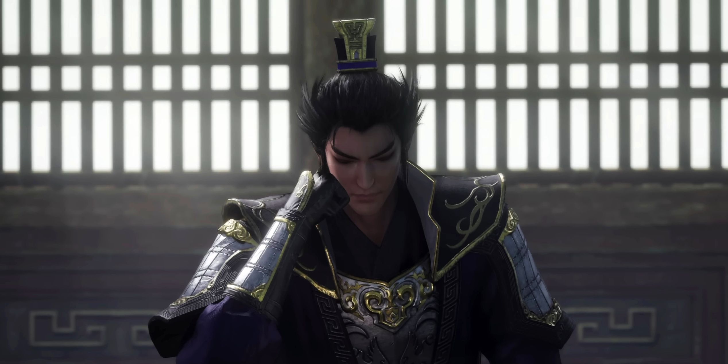 Cao Cao sits at a large desk, leaning his head on his hand in a screenshot from Dynasty Warriors Origins.