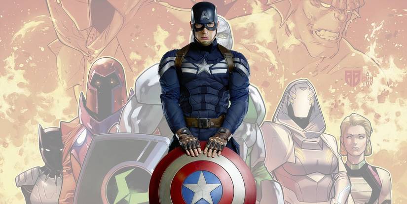 MCU Captain America (Chris Evans) standing in the foreground holding his shield. Behind him is a color-desaturated version of Marvel's new DARK AVENGERS #1 cover.l