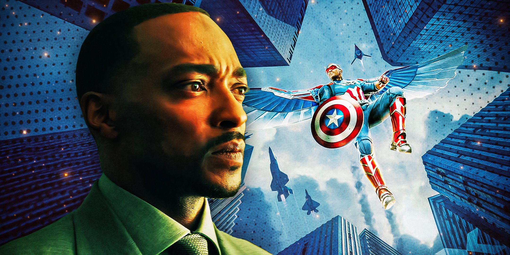 Image of Anthony Mackie's Sam Wilson looking serious in Captain America: Brave New World (2025), visuals of Sam in his Captain America suit in the background with a star cutout