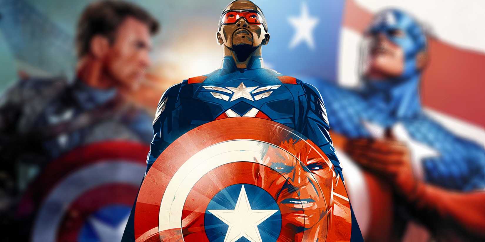 Captain America: Brave New World's (2025) poster between images of Captain America from the comics and movies