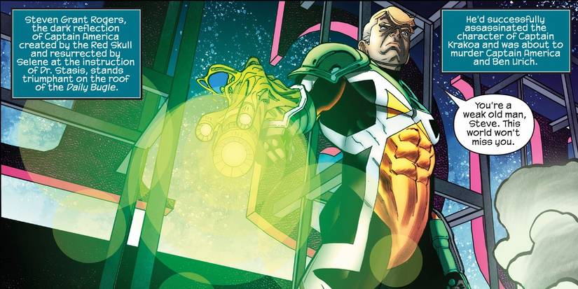 Steven Rogers aka Hydra Cap as the new Captain Krakoa, pointing a weapon at Captain America.