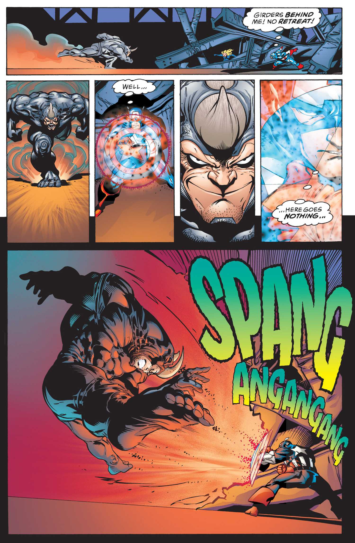 Captain America uses his energy shield against Rhino