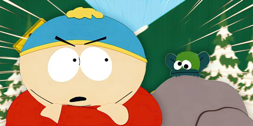 Cartman beside a fake frog in South Park