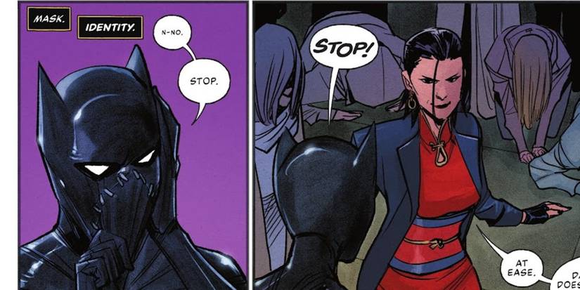 Comic book panels: Cassandra Cain puts her mask back on to address Lady Shiva and the Order of Shiva in Batgirl #3