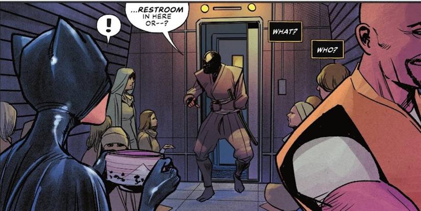 Comic book panel: Cassandra Cain spots a League of Shadows ninja looking for the bathroom on a train with the Order of Lady Shiva in Batgirl #3