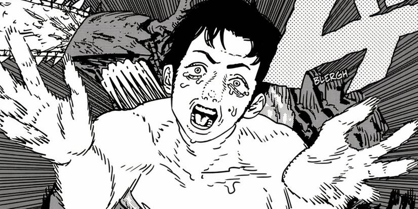 Cicada Man jumping from Pochita's mouth with his arms stretched out in Chainsaw Man #190.