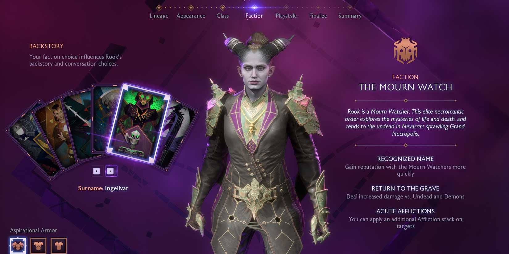 Character creation screen showing a qunari and various faction options in Dragon Age: The Veilguard.