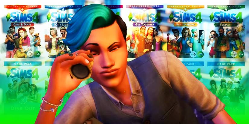 Character from Sims 4 with expansions behind them.