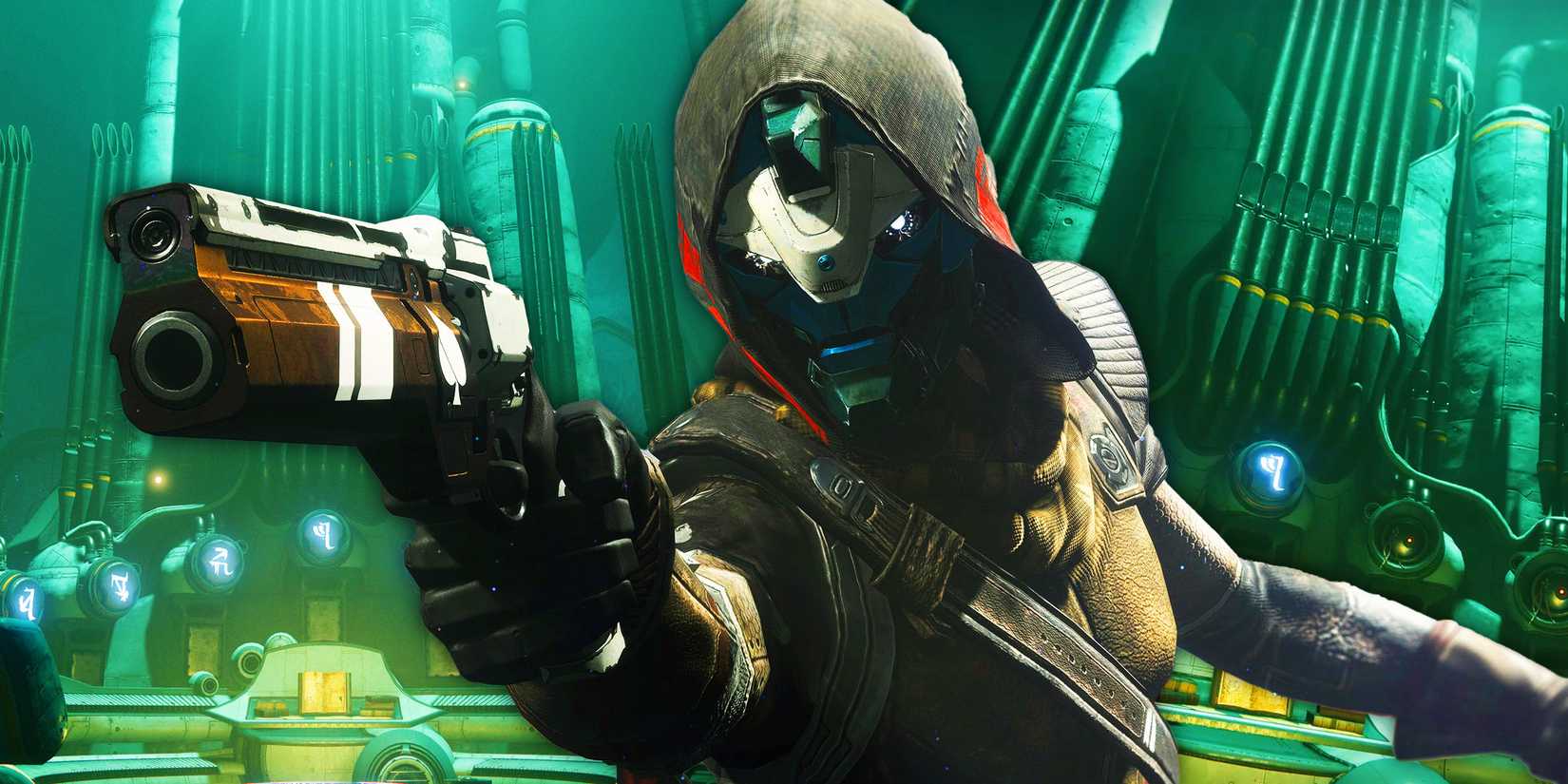A Destiny 2 character holding a gun in front of the organ puzzle from the "Kell's Fall" mission.