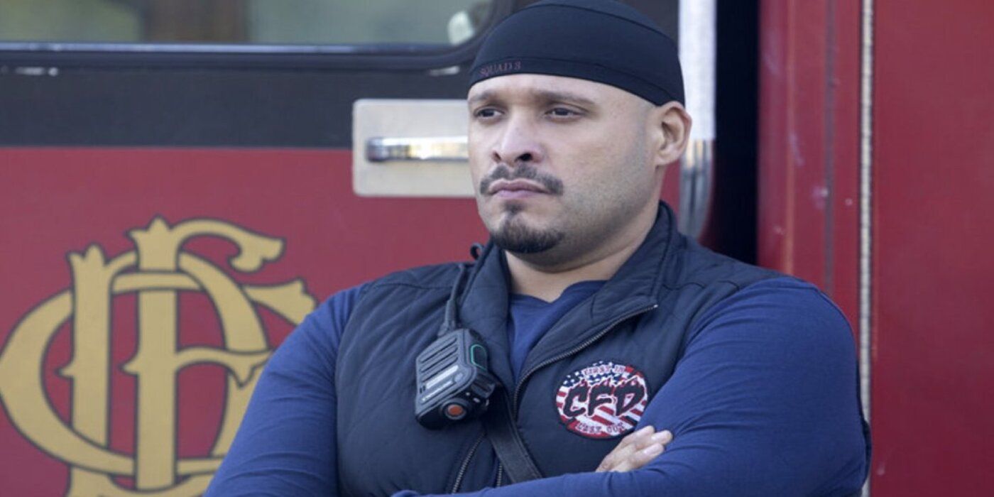 Chicago Fire Cruz in front of a fire truck