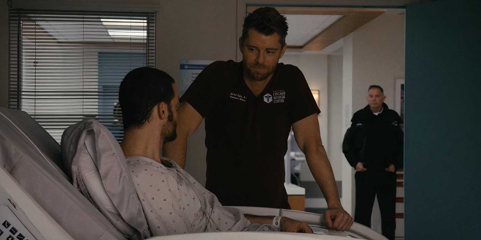 Ripley leaning over Sully's hospital bed in Chicago Med