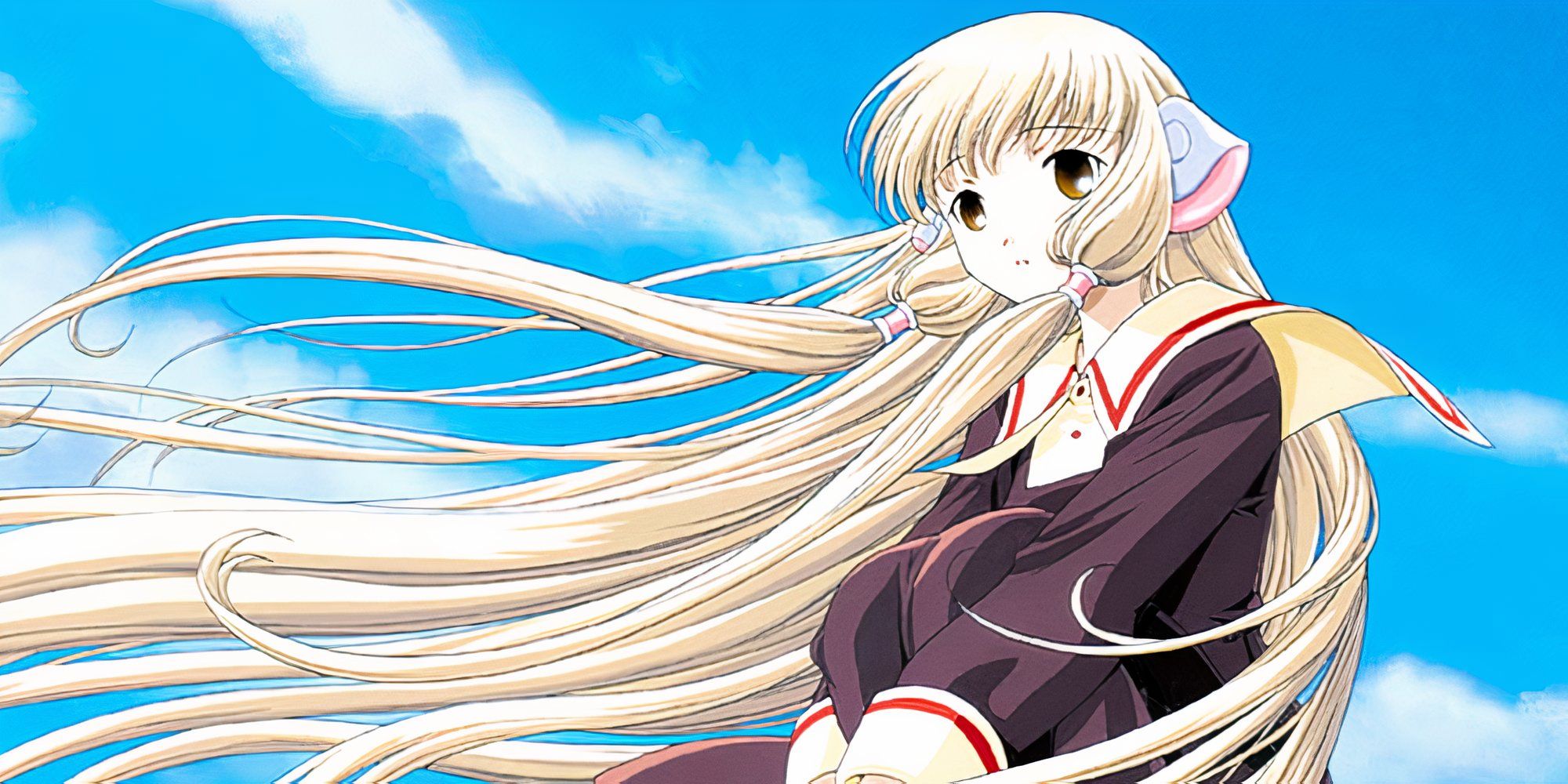 Chobits chi looking away with the sky behind her.