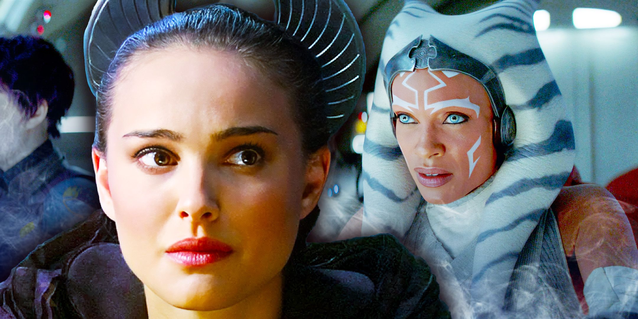 Natalie Portman as Padme Amidala in Revenge of the Sith to the left and Rosario Dawson as Ahsoka Tano in Ahsoka to the right