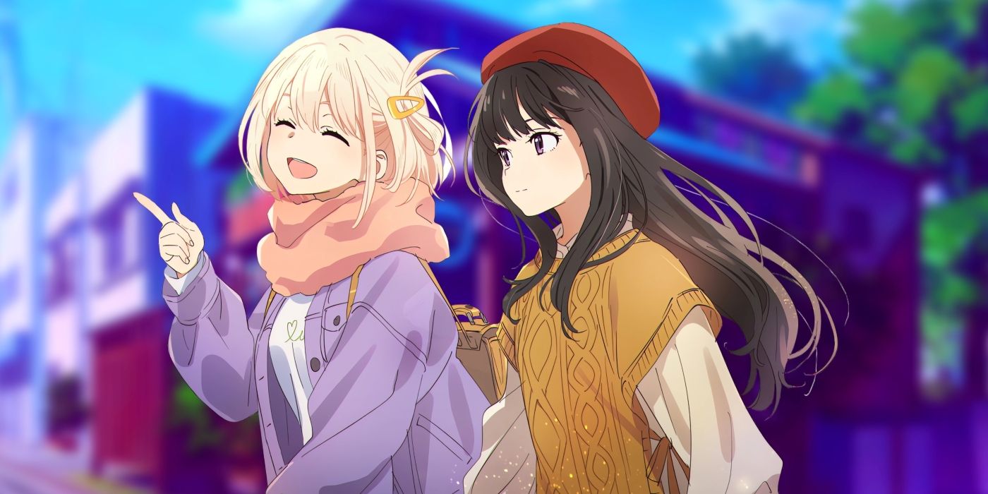 Chisato and Takina walking side by side. Behind them, the LycoReco café can be seen.