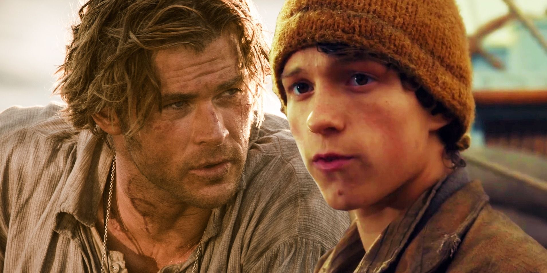 Chris Hemsworth to the left and Tom Holland to the right both in In The Heart of the Sea in a combined image