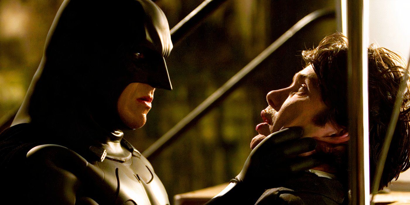 Christian Bale as Batman interrogating Cillian Murphy as Jonathan Crane/Scarecrow in Batman Begins
