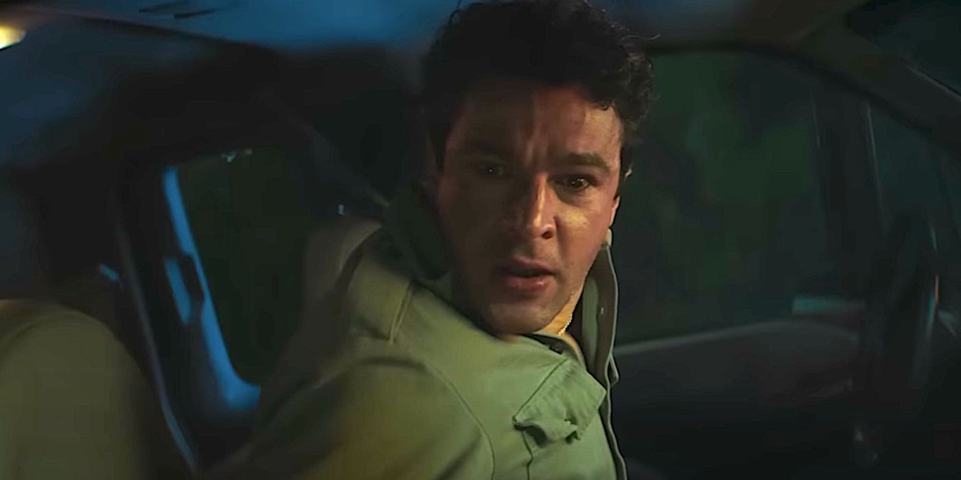 Christopher Abbott's Blake looking terrified in a car seat from Wolf Man 2025 trailer-1