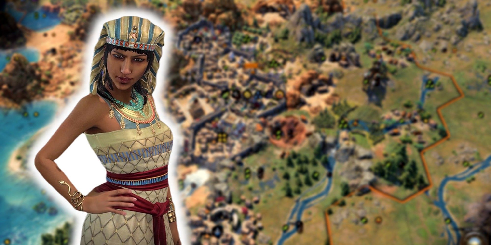 Civilization 7 leader in front of a blurred background.