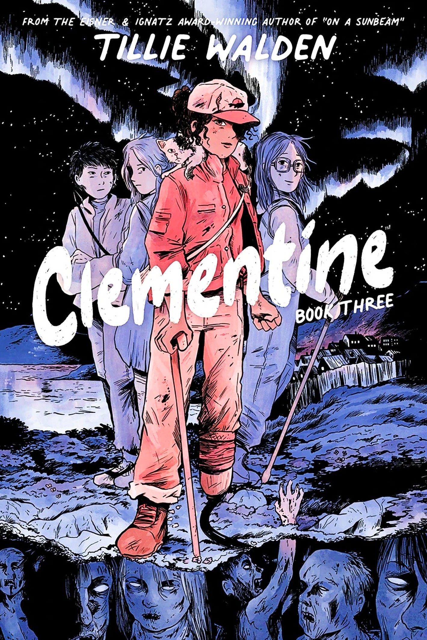 Clementine Book 3 cover, Clementine and her allies standing together, with zombies beneath the ground