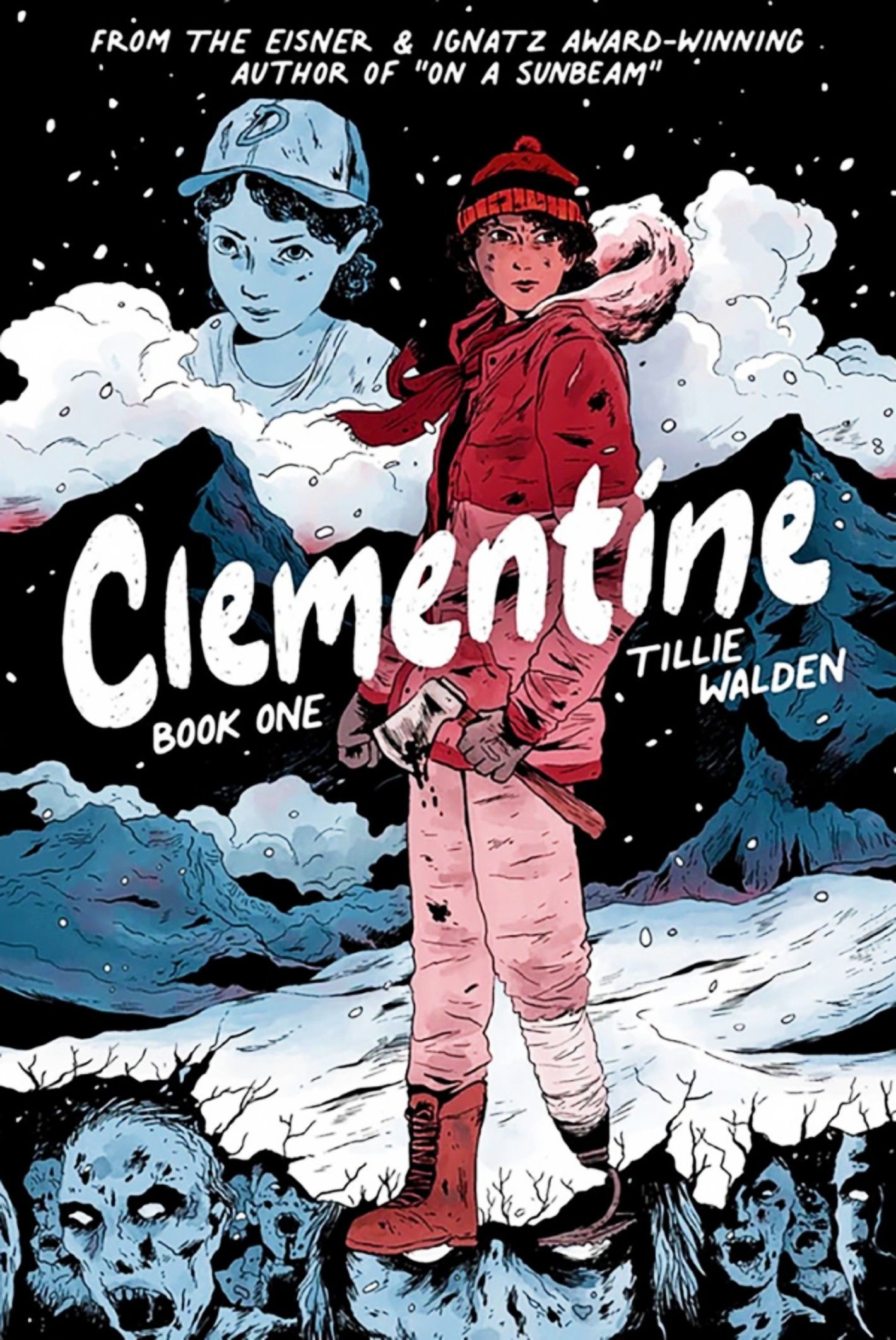 Clemetine Book 1 cover, Clementine standing in winter clothes with zombies underneath the snowy surface