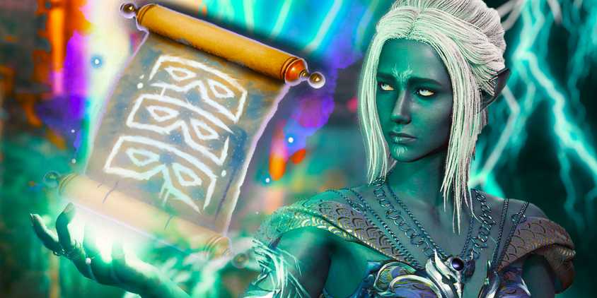 A Baldur's Gate 3 drow holding a scroll of seeming.