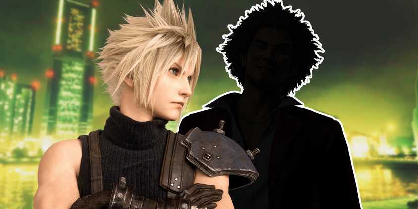 Cloud Strife from FF7 Rebirth looking thoughtfully toward the silhouette of Ichiban Kasuga from Yakuza: Like a Dragon in front a city background