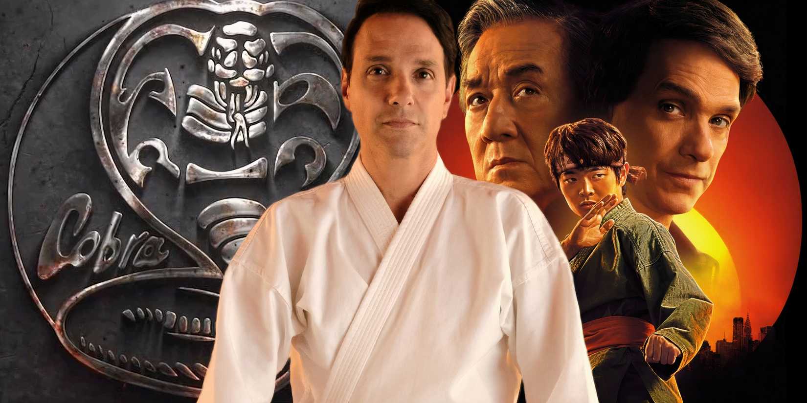 The logo for Cobra Kai (2018-2025) and the poster for Karate Kid: Legends (2025) either side of Ralph Macchio as Daniel LaRusso