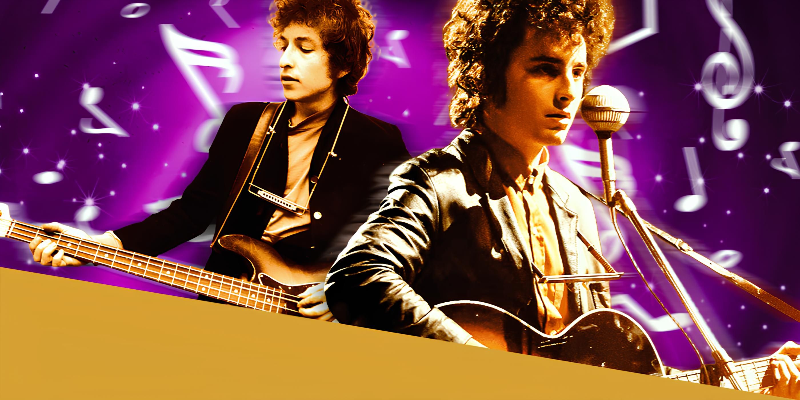 Collage of Bob Dylan and Timothee Chalamet in A Complete Unknown in Front of Music Notes